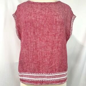 SIGRID OLSEN Red 100% Linen Embroidered Button Back Cap Sleeve Top Women's XS